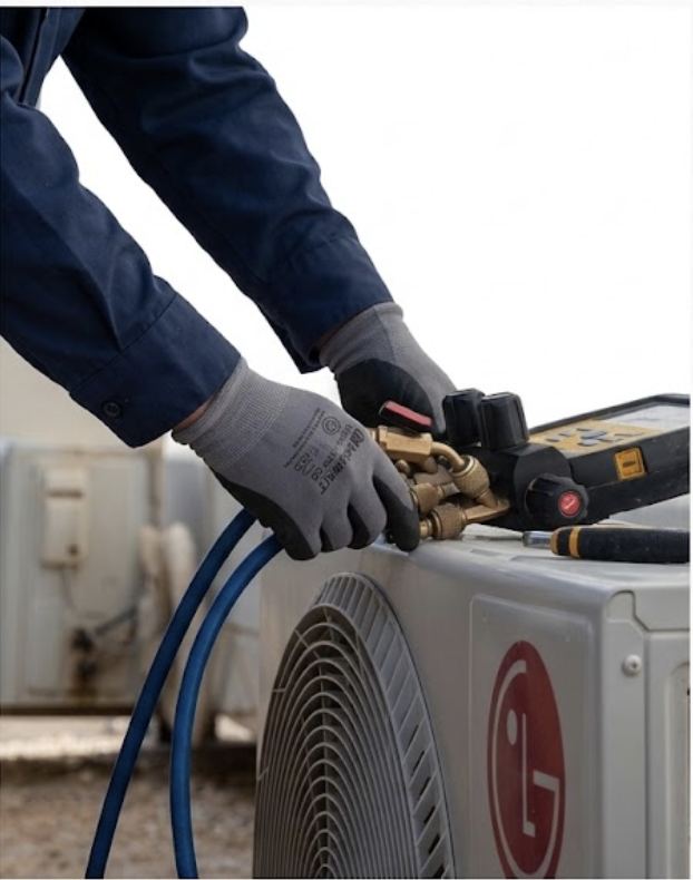 Denver Metro HVAC contractor connecting gauges on an AC condenser